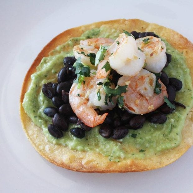 Cilantro Lime Shrimp Tostadas with Avocado and Tomatillo Salsa