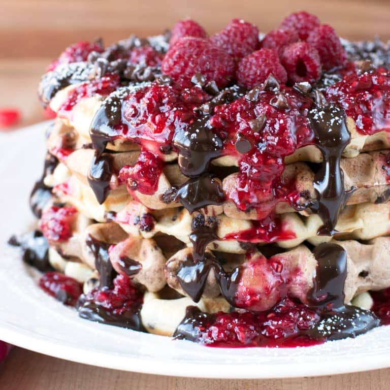 Double Chocolate Chip Raspberry Waffles | cakenknife.com #brunch #breakfast