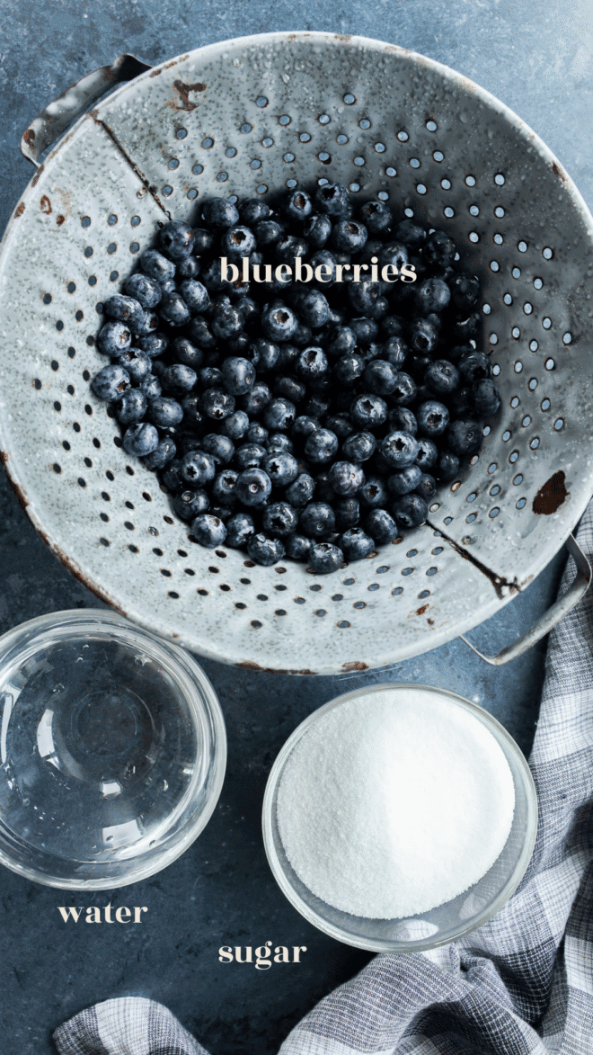 blueberry simple syrup ingredients in bowls with text labels
